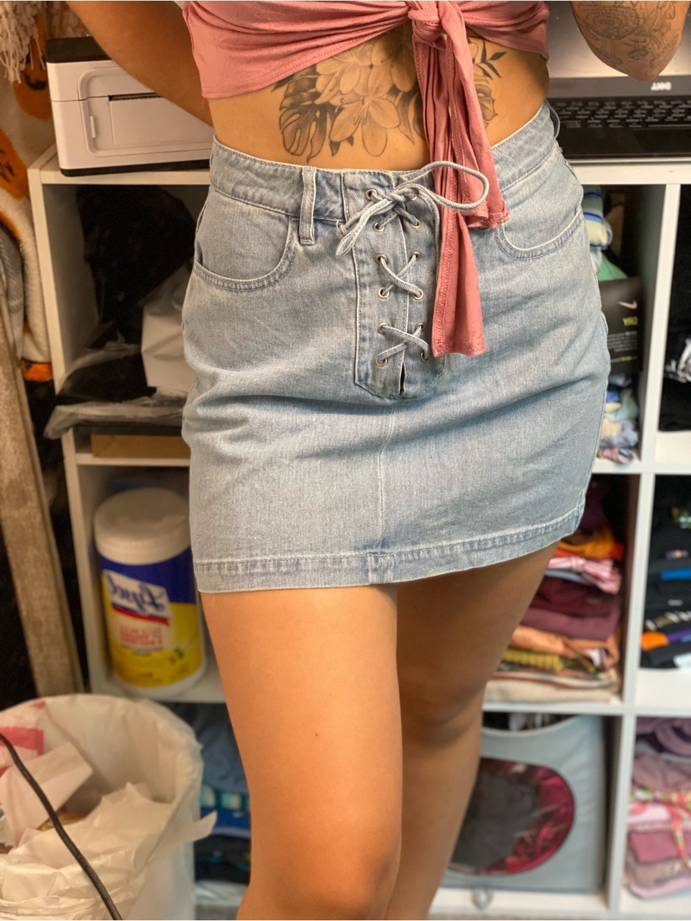 Kendall & Kylie Light Wash Denim Lace-Up Mini Skirt